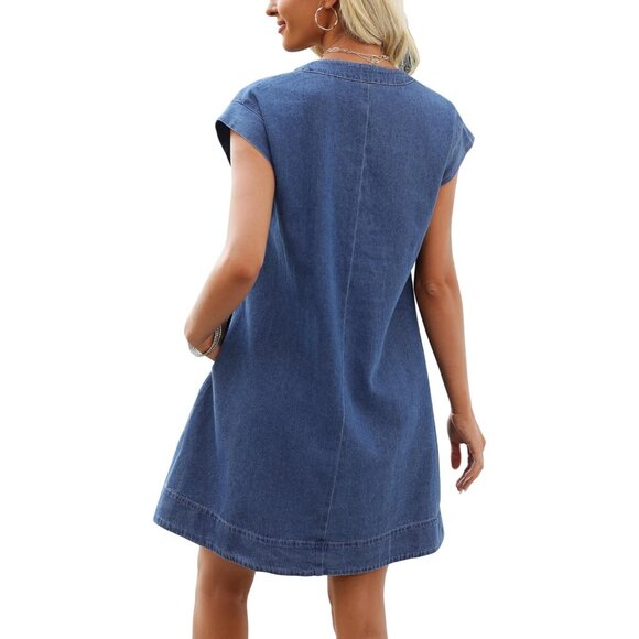 Denim Dress Women V-Neck Short Sleeves Pockets Casual Summer Fit - Picture 3 of 6